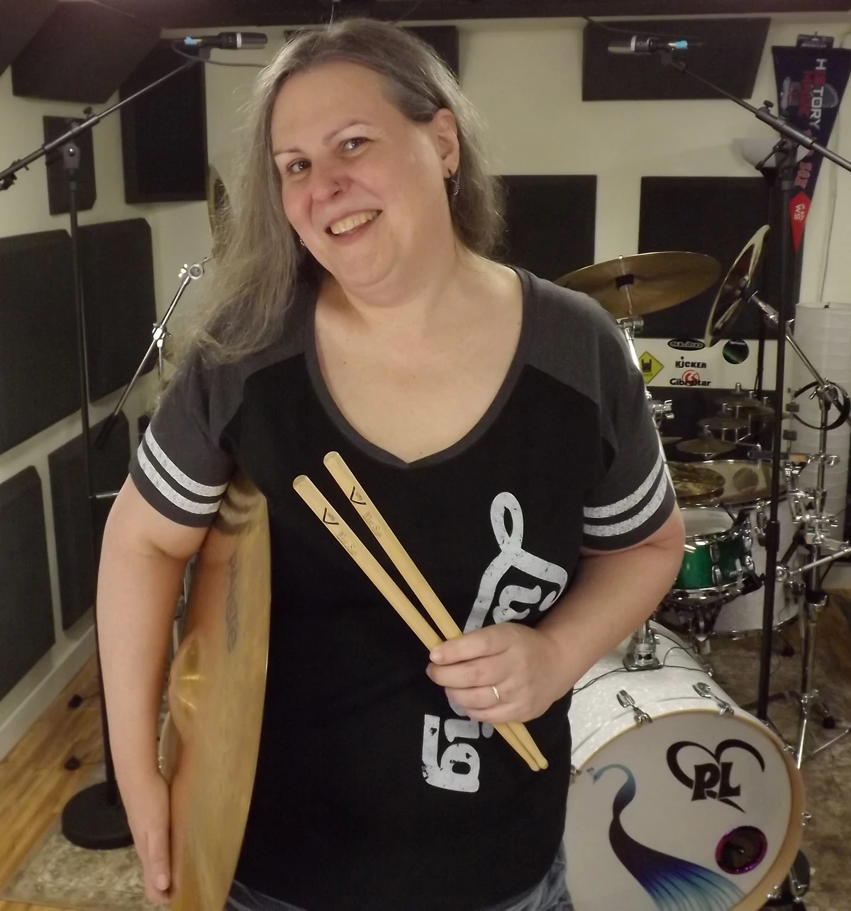 Penny Larson in her Boston drum teaching studio